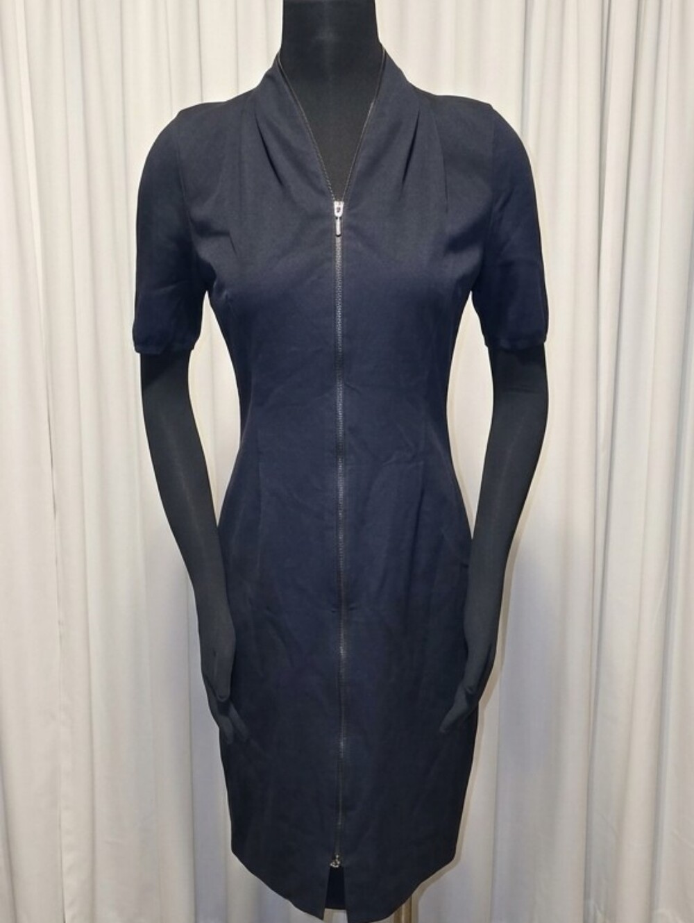 Elie Tahari Navy Zip-Front Short-Sleeve Midi Dress